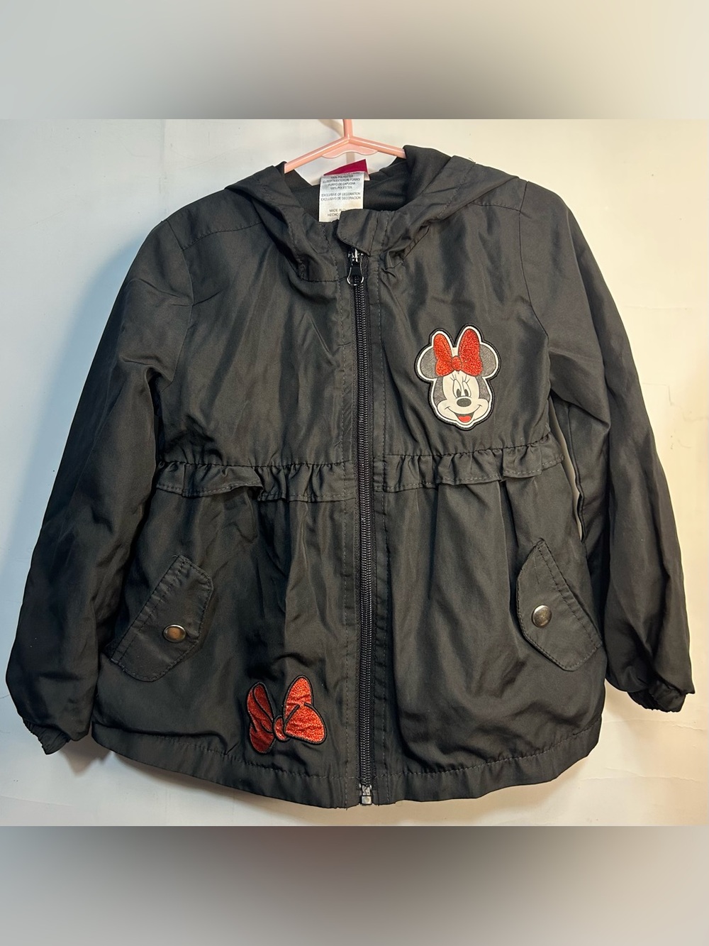 Disney Junior Minnie Mouse Zip Front Black Windbreaker Jacket Girls Size 8